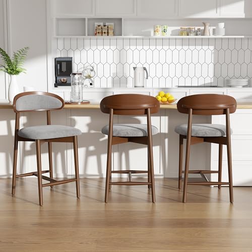 Image of Counter Height Bar Stools Set of 2, Upholstered Kitchen Bar Stools with Back, Mid Century Modern Counter Stools with Wood Legs for Kitchen Island Dining Room Bar, Khaki