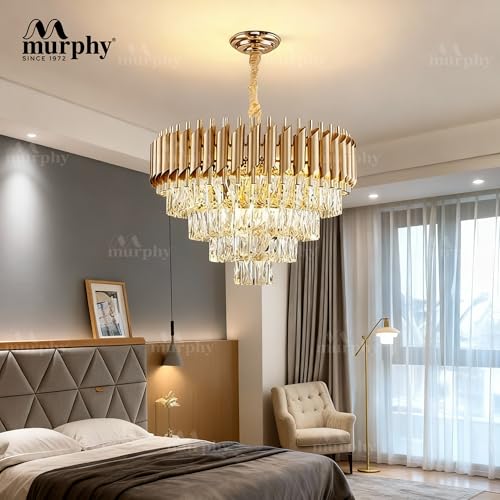 Image of Murphy Radiance 500mm Golden Crystal Pendant Light | Modern Round Ceiling Chandelier for Living Room, Bedroom & Hall (Antique Gold, 3-in-1 LED Plate - Warm White, Natural White, Cool White, Pack of 1)