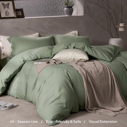 Image of JELLYMONI Cotton Duvet Cover Twin Size - Sage Green Comforter Cover with Button 100% Washed Cotton 2PCS Breathable Soft Solid Bedding Set Duvet Cover 68x90in & 1 Pillowcases (NO Comforter)