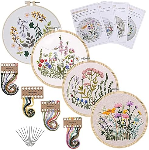 Mozzyyee 4 Sets Embroidery Starter Kit for Beginners Adults Include 4 Embroidery Clothes with Floral Pattern Instructions Hoops Floss Thread Fabric Needles (4PCS Flower)