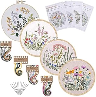Mozzyyee 4 Sets Embroidery Starter Kit for Beginners Adults Include 4 Embroidery Clothes with Floral Pattern Instructions Hoops Floss Thread Fabric Needles (4PCS Flower)