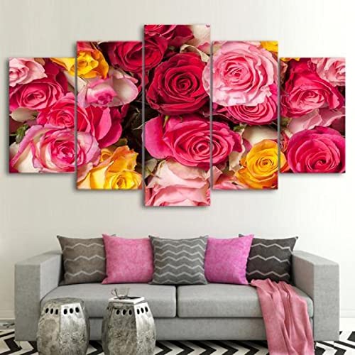 DEFD 5 lienzos de 5 piezas de pintura de pared de rosas amarillas y rojas pinturas Cover