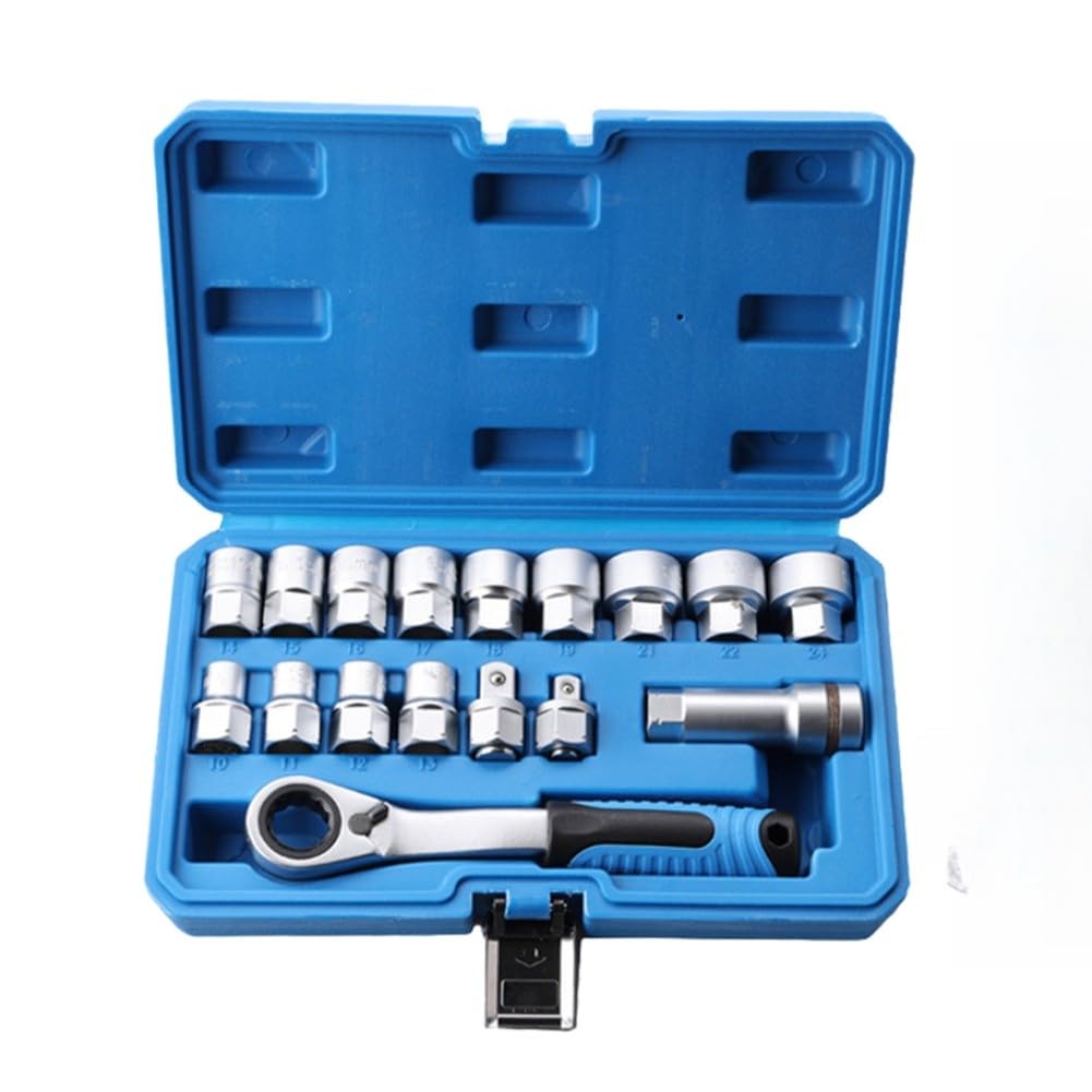 Lecreatekit Set di chiavi a bussola a cricchetto, 17 pezzi, chiavi metriche a 12 punte, con barra di estensione e punte, kit di attrezzi manuali in metallo compatto per riparazioni di casa e garage