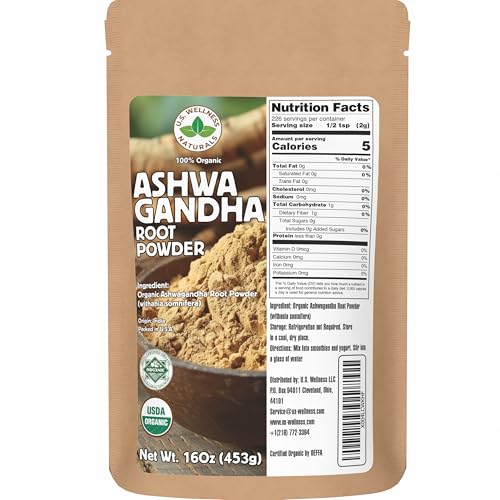 U.S. Wellness Naturals Organic Ashwagandha Root Powder | 1 Pound No Filler No Additives| Resealable Powder-Friendly Bag | Non-GMO | Indian Ginseng | Withania Somnifera| India Origin