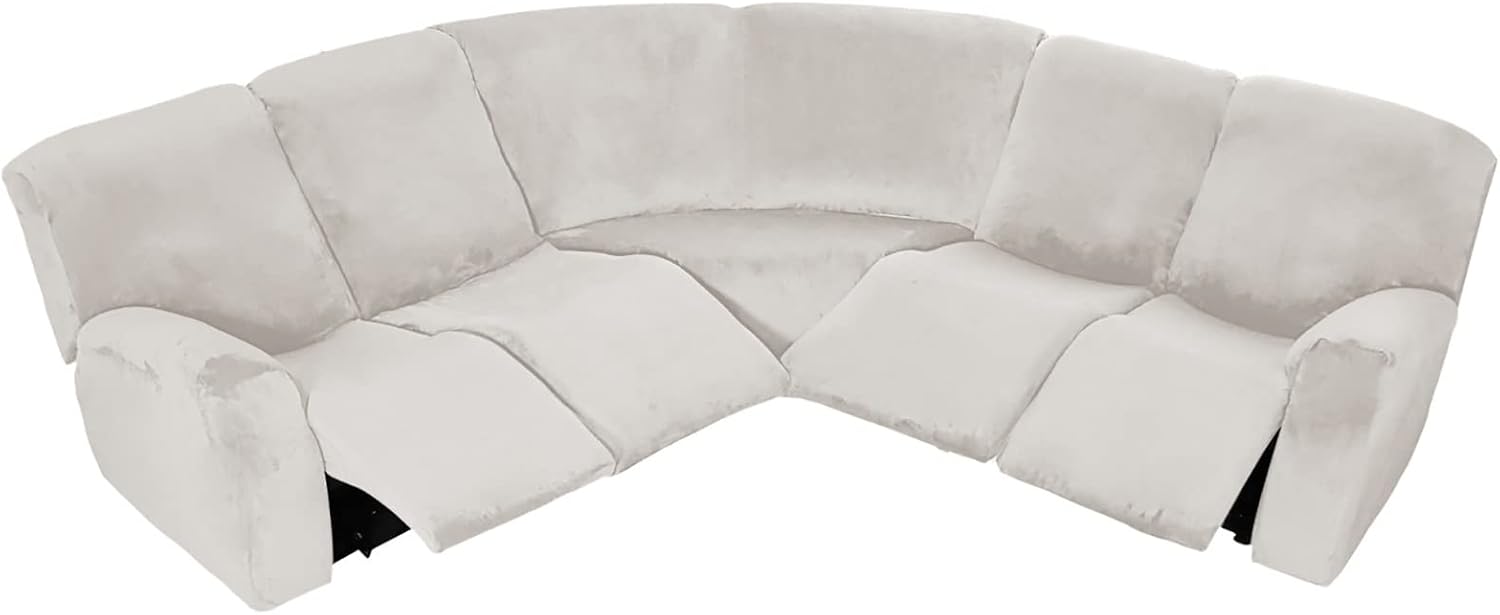 7 Pieces Velvet Stretch Recliner Corner Sofa Cover, 5 Seat Sectional Couch Covers Soft Sofa Slipcover Washable Durable Furniture Protector for Living Room(White)