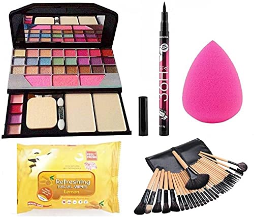 D.B.Z.Professional FASHION MAKEUP COMBO With 1 MAKEUP KIT, 1 PC BRUSH SET, 1 BEAUTY BLENDER PUFF,1 EYELINER, 1 WIPES PACK (Pack of 5)