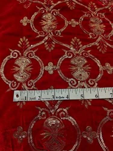 Tissu micro velours rouge paillettes dorées 111cm pour couture créative