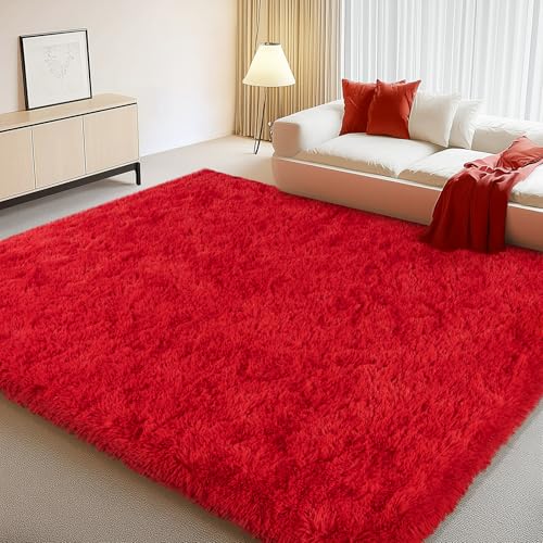Soft Red Rugs for Bedroom, 4x6 Fluffy Fuzzy Shaggy Rugs for Living Room, Non-Slip Bedside Shag Rug Carpet for Kids Room Nursery Dorm Home Decor