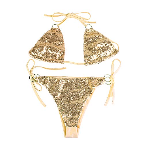 Damen Sparkle Badeanzug 2 Stück Glänzend Pailletten Sexy Beachwear Neckholder Triangle Glitzer Bikini Set - Gold - Medium Cover