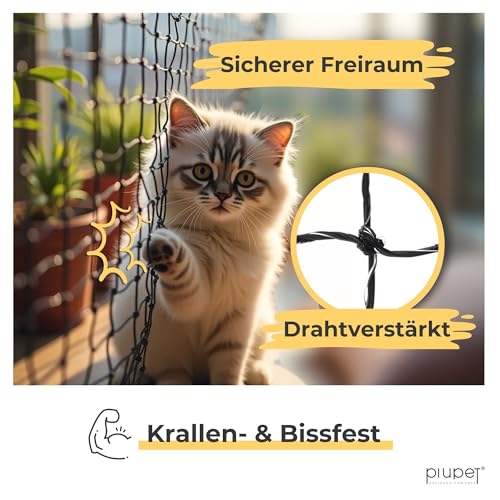 PiuPet® Katzennetz Drahtverstärkt I 12x3m I schwarz I Befestigungsset inklusive