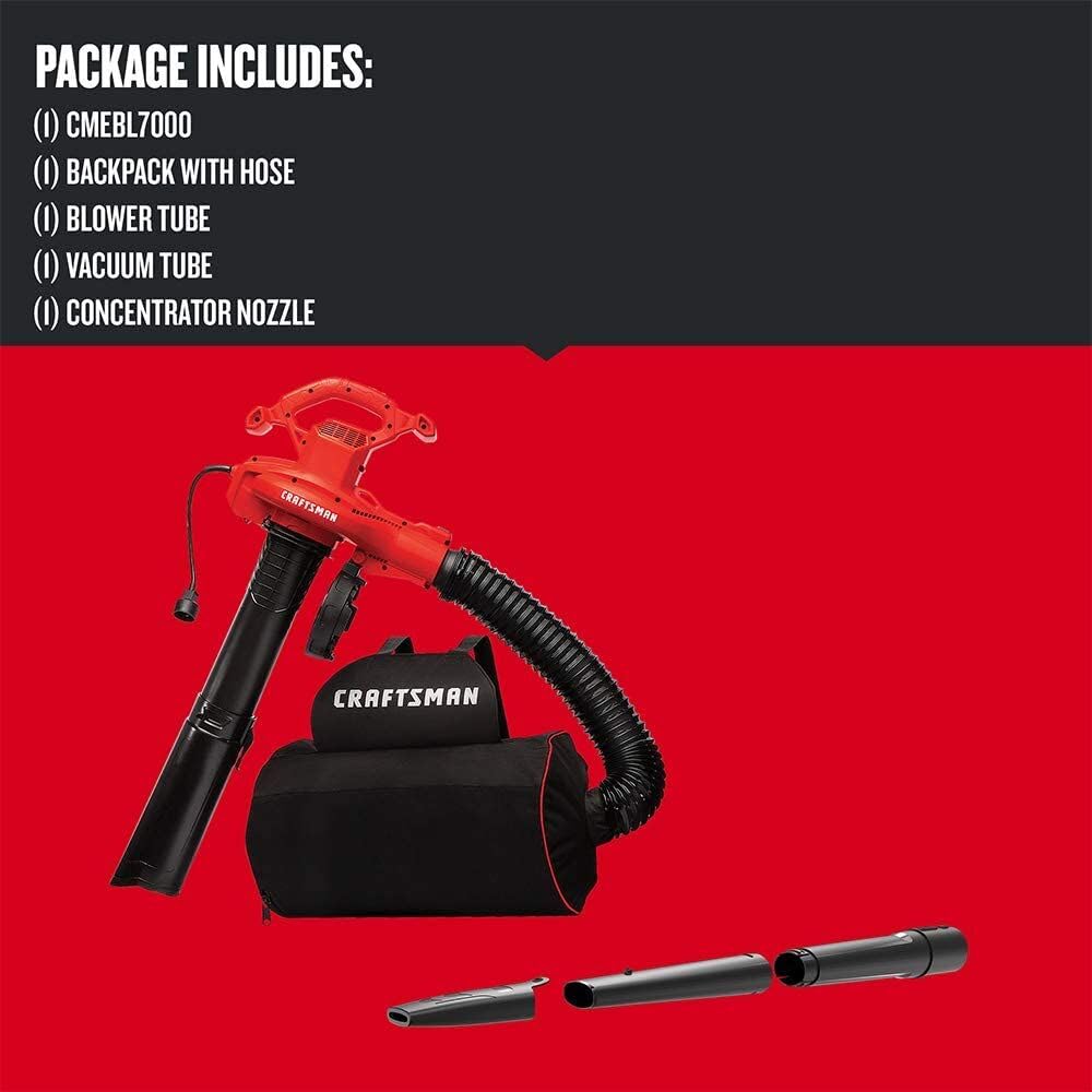 CRAFTSMAN Soplador de Hojas 3 en 1, aspiradora de Hojas y triturador, hasta 260 mph, 12 amperios, eléctrico con Cable (CMEBL7000)