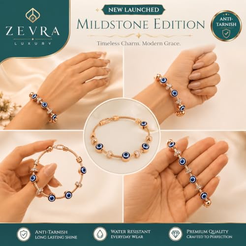 Image of Evil Eye Charm Bracelet for Women | Rose Gold Crystal Cable Bracelet | Designer Fashion Anti-Turnish Jewellery | Gift for Women & Girls
