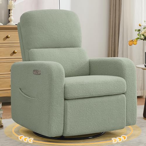 Image of Power Swivel Rocker Recliner, Oversized Electric Boucle Recliner Chair, Teddy Swivel Glider Nursery Reclienr with Removable Cushion, Upholstered Recling Chair for Living Room Bedroom, Green