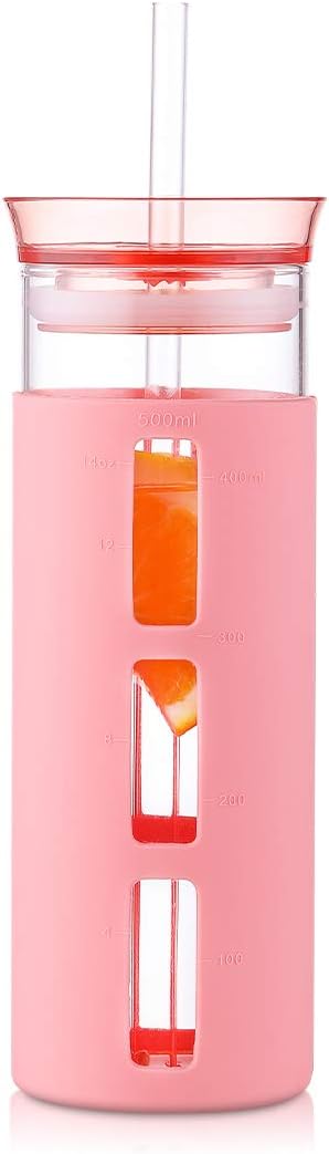 JIAQI Glass Tumbler 500ml - Travel Mug Drinking Jars with Straw and Lids Smoothie Cup Leakproof Water Bottle for Outdoor (Pink, 500 ml)