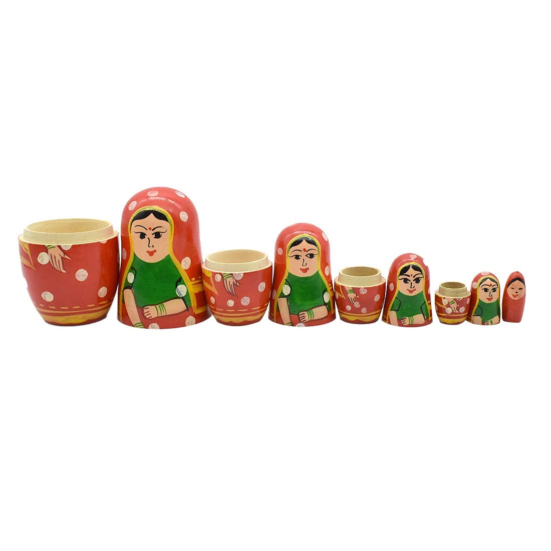 Funwood Games Hand Painted Indian Traditional Wooden Nesting Dolls - Set of 5 Matryoshka Stacking Dolls, Lady in Red Saree Design - Perfect for Kids' Gifts and Decor 3