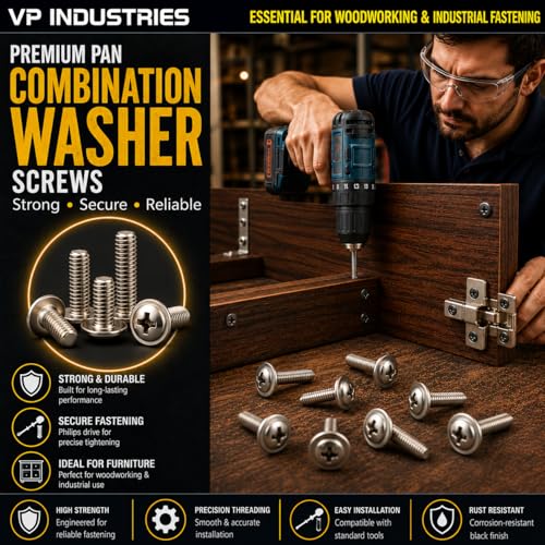 Image of By inchVP INDUSTRIES inch (Pcs-25) M4x10 mm Pan Head Combination Washer Screws, Durable Steel Fasteners with Built-In Washer, Phillips Drive Screws for Sheet Metal, Machinery & DIY Projects