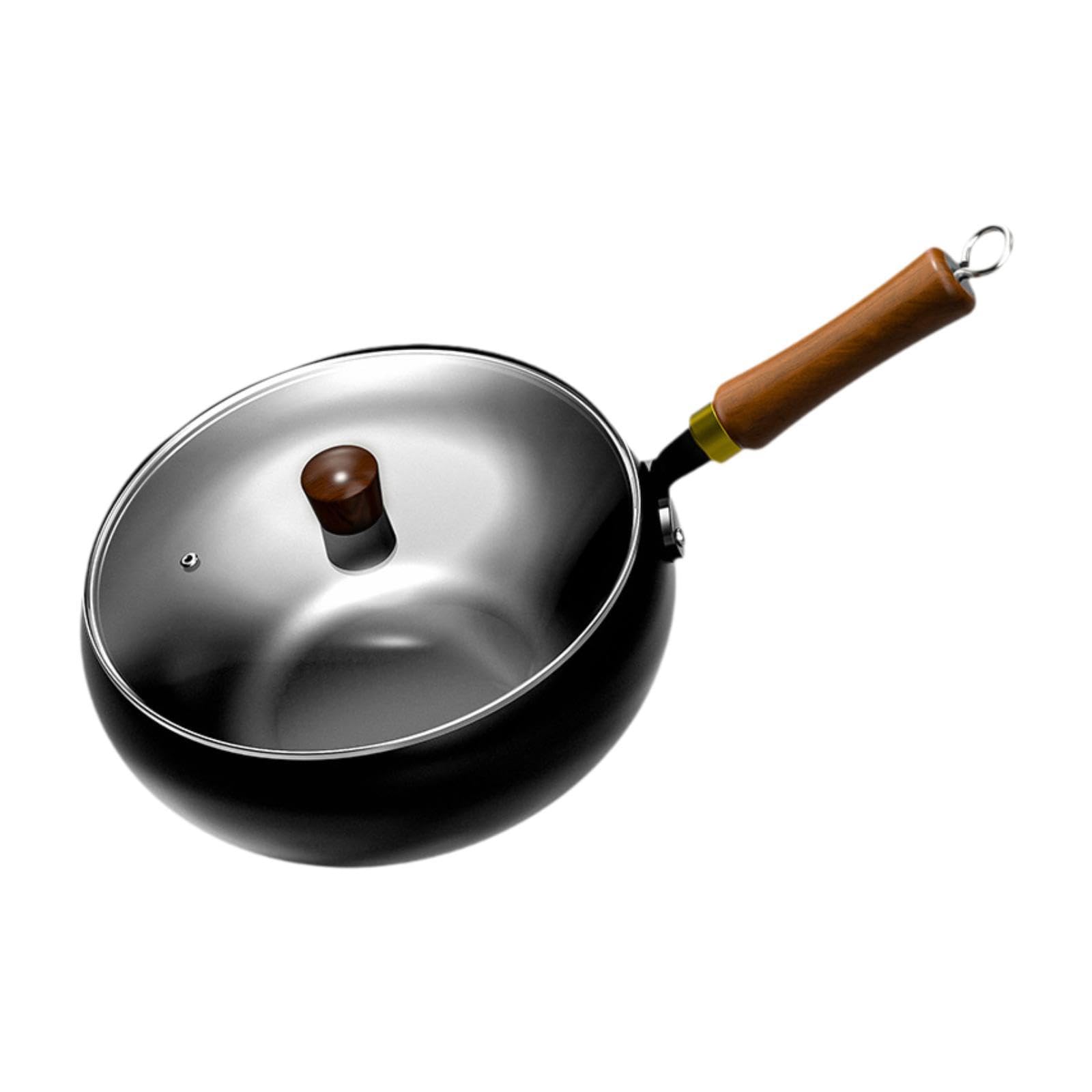Panela Wok de Ferro com Tampa e Espátulas, Cabo de Madeira, Fundo Plano, Estilo Chinês,