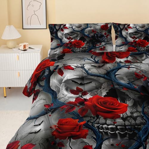 Image of QOOMO Red Flowers Kids Bedding Set,Plants Print Comforter Set Queen Size for Boys Girls Teen Room Decorat,Soft Lightweight Bed Set All Season,1 Comforter 2 Pillowcases