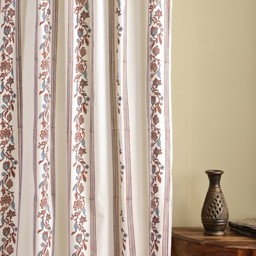 Image of Peepul Tree Handprinted Sheer Cotton Door Curtains in Striped Offwhite, Navy & Maroon | 7 Feet | Pack of 2 | Mulmul /Voile Fabric | Back Loop Curtains | 30-40% Light Filtering | Breathable Drapes