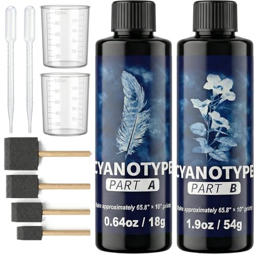 Rlcvecv Cyanotype Kit for with 8 Tools – Sunprint Kit with Chemicals & Sensitizer, Photo Printing Fabric Art Set for Beginners, Paper & Creative DIY Projects