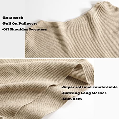 Image of Blostirno Women's Boat Neck Batwing Sleeves Dolman Ribbed Knitted Sweaters Pullovers Tops