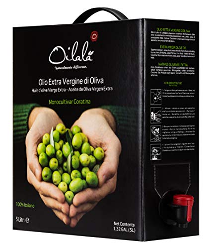 Oilala,  Extra Virgin Olive Oil, Coratina, Non Oxidizing Bag In Box! .17 Acidity, Robust, Italy, Italian Family Farm, Gold Medal  Single Source, 5L (169 FL OZ)
