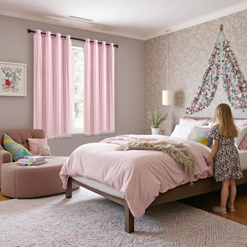 Image of XiDi Light Pink Blackout Curtains for Girls Bedroom Living Room 63 Inches Long 2 Panels Hollow Star Nursery Kids Thermal Insulated Room Darkening Drapes Grommet Noise Reducing Window Curtains 52x63