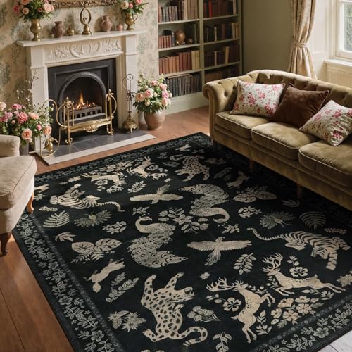 Moynesa Vintage Black Living Room Rug, 8x10 Washable Area Rugs