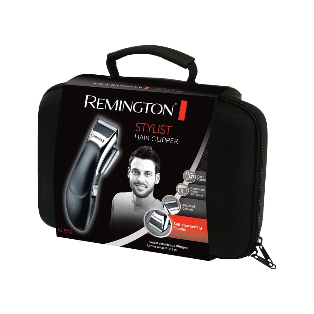 Remington Tondeuse Cheveux [Kit Coiffeur Professionnel] Stylist Noir & Argent (Lames Céramique Auto-Affûtées, Secteur/Sans fil-Batterie Lithium, 8 Sabots, Mallette pro + accessoires) Tondeuse HC363C