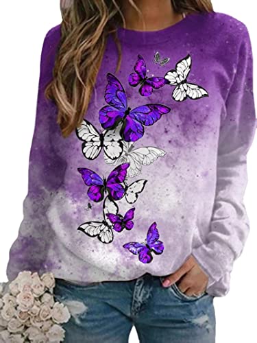 Women's Fashion Fall Winter Long Sleeve T-Shirt Tops Girl Round Neck Casual Blouse Butterfly Floral T-Shirt for Woman Ladies Purple XX-Large