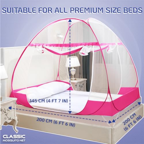 Image of Classic Mosquito Net Premium for King Size Bed | 30 GSM Polyester Fine Mesh | Foldable Pop Up Machardani for Double Bed | 360 Mosquito & Insect Protection | Washable & Reusable | Pink