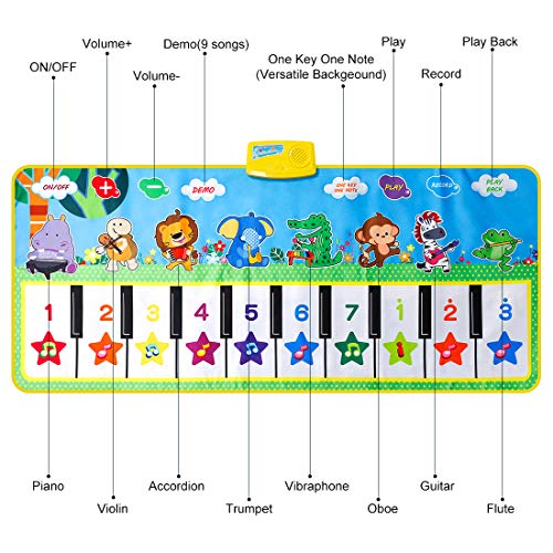 EXTSUD Grande Tappeto Musicale per 2 Bambini 132 * 64cm Tappetino da Ballo Piano Playmat Strumento Musicale Tastiera Pianoforte Musichette Giocattolo Educativo Tappetino da Gioco Bambino (Blu)