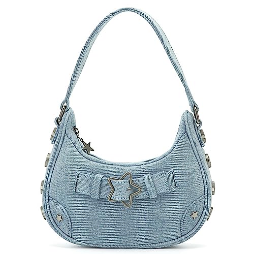 RTGGSEL Women's Y2K Purse Cute Stars Studded Underarm Bag Small Shoulder Handbag (Star Denim Blue)