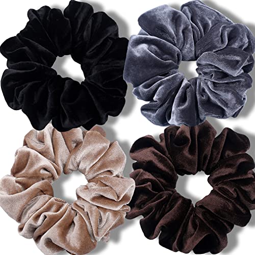 IVARYSS Extra Large Scrunchies for Women's Thick Hair, Premium Velvet Soft Jumbo Scrunchy, XL 6 inch Big Elastic Band Hair Accessories, 4 Pack, Neutral