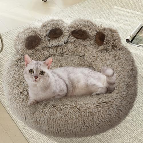 Calming Dog Bed Cat Bed Medium Size Dog - Donut Washable Medium Pet Bed, Warm Kitten Nest 24 inches Anti-Slip Round Fluffy Plush Faux Fur Cat Bed, Fits up to 25 lbs Pets, (Premium Brown)