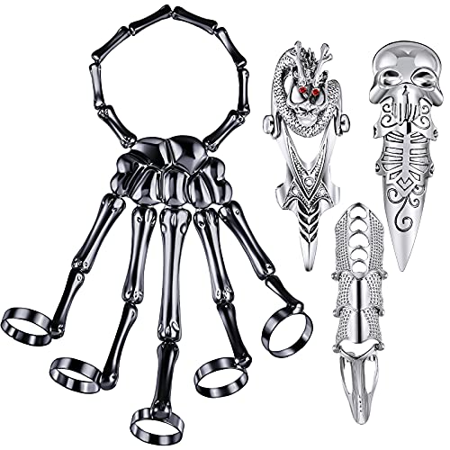 4 Pieces Punk Wristband Skull Fingers Hand Bracelet Skull Finger Skeleton Joint Bracelet Knuckle Full Finger Knuckle Joint Finger Armour Knuckle Full Finger Ring (Black and Silver)