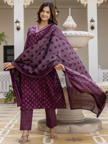 Image of PARTHVI|Women's Pure Cotton Printed with Handwork Kurta with Pants and Dupatta Set | Ethnic Set | Suit Set | Kurta Set | Wedding Suit Set