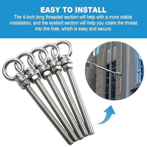 Image of Eyebolts 3 /8 inch X 4 inch Stainless Eye Bolts with Nuts - Stainless Steel Marine Grade Shoulder Can Be Used in Multiple Scenarios -5 Pack