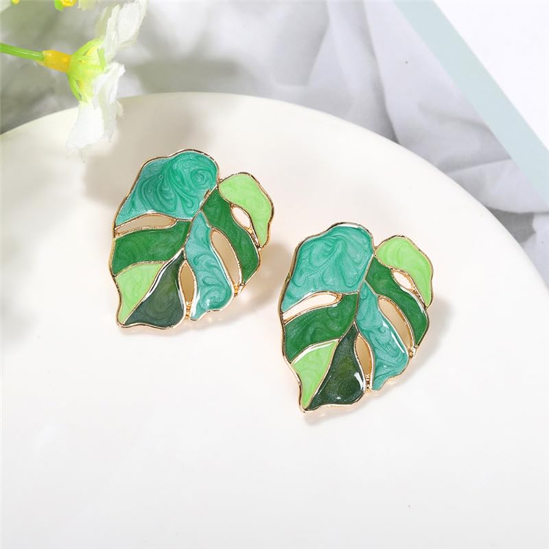 4Pcs Enamel Monstera Leaf Stud Earrings Fashion Bohemian Alloy Earrings Charms Accessories Purple+Yellow+Green+Pink4