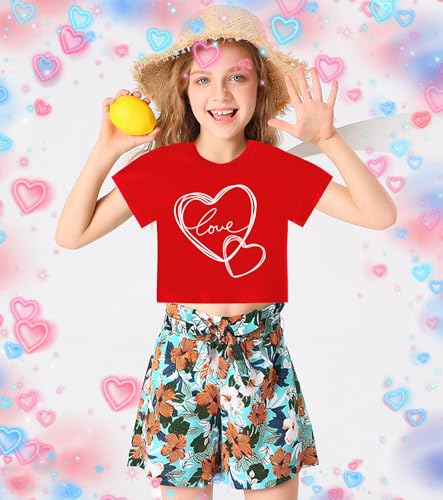 Image of Tkria Girl Crop Tops Valentine Short Sleeve Tshirt Tie Dye Heart Teen Girls Shirt Clothes 6-14 Years