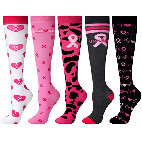 Vicenpal 5 Pairs Breast Cancer Awareness Compression Socks Over the Calf Pink Tall Knee High Socks for Women