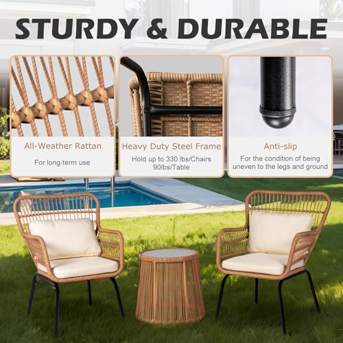 Yellow/Beige 3-Piece Outdoor Wicker Bistro Set for Balcony and Poolside