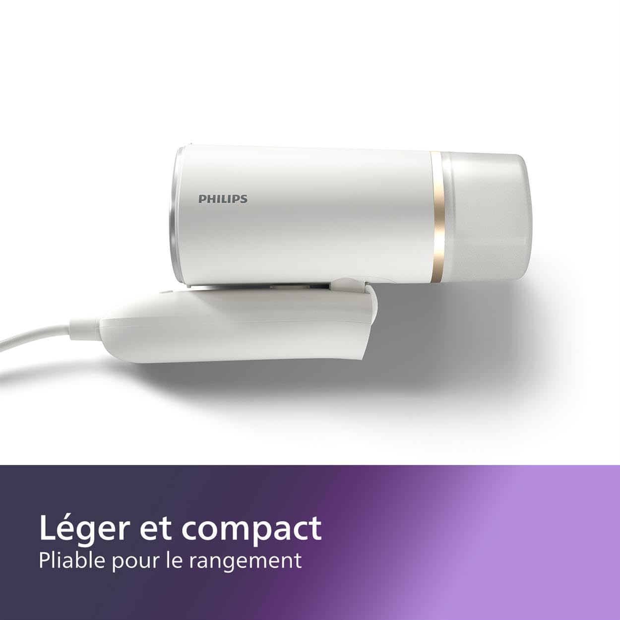 Philips Défroisseur à Main 3000 Séries - Steamer 1000W, Vapeur 20g/min, Réservoir 120ml amovible, prêt en 30sec, plaque chauffante, semelle métallique, Léger 660g, blanc (STH3020/10)