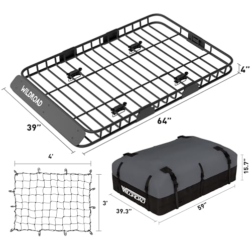 Image of WILDROAD Rooftop Cargo Carrier Combo Roof Rack Cargo Basket 64 inch x 39 inch x 4 inch | with 21 Cu Ft Waterproof Cargo bag, Cargo Net, Anti-Rust Sealant, 150 Lbs Capacity, for SUV Truck, Heavy Duty, Large Capacity