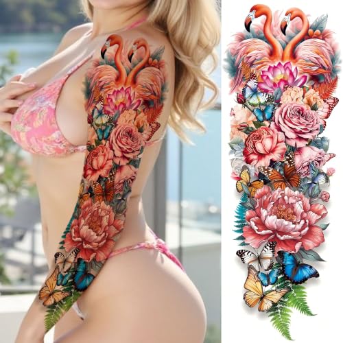 Image of Bilizar 2 Sheets Large 3D Rose Peony Flower Tattoos Full Arm Temporary Tattoo Sleeve For Women Adults, Realistic Watercolor Butterfly Flamingo Floral Fake Tattoos Full Sleeve Thigh Leg Tattoos Makeup