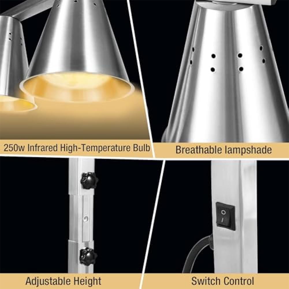 Confezione da 2 lampade riscaldanti per alimenti, 500 W, a doppia testa, con altezza regolabile, lampade termiche per cucine di hotel, caffetterie e servizi di ristorazione