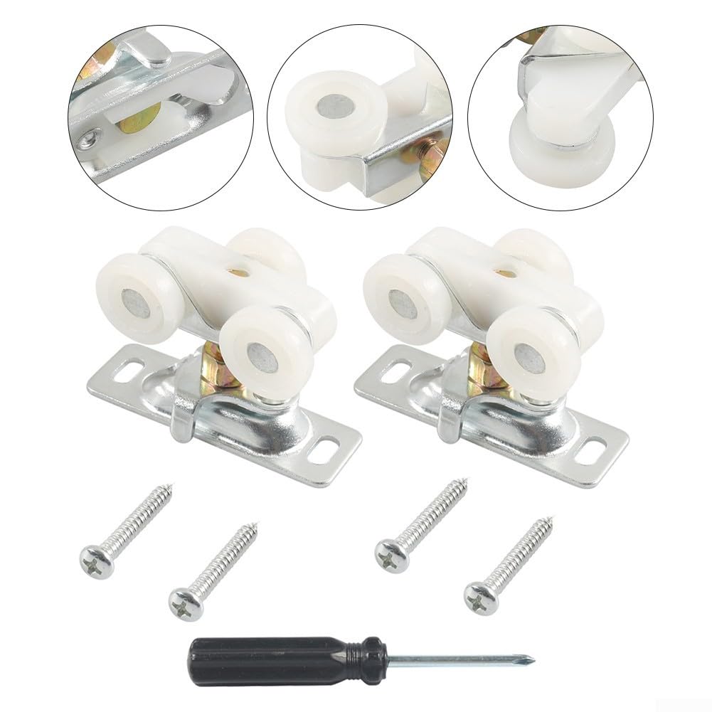 Set di 2 ruote piatte in plastica da 3/4 pollici, montate su staffa in acciaio, per porte a soffietto, bypass e porte tascabili con design a triciclo montato al centro