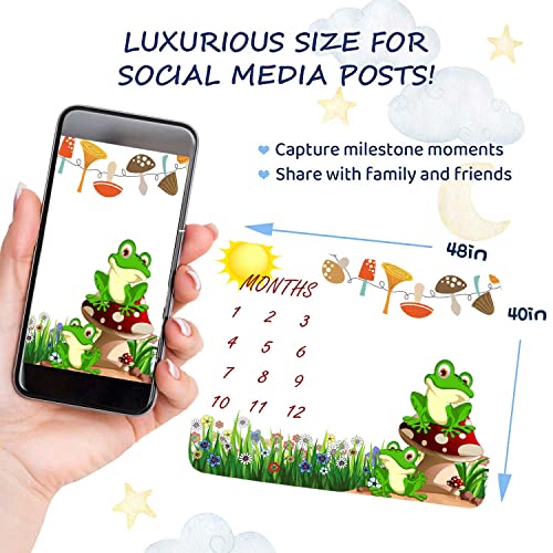 Image of Frog Mushroom Monthly Milestone Blanket, Nature Floral Unisex,48x40in | Lightweight cotton milestone mat,frog mushroom floral print, decorative butterfly frames for monthly growth record