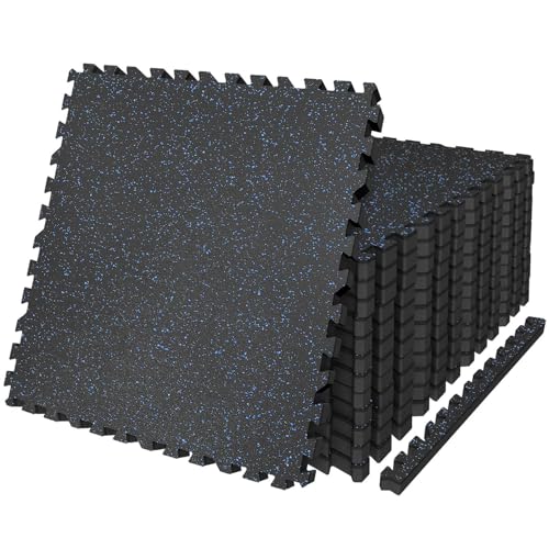 AIRHOP 0.79in Thick 48 Sq Ft Exercise Equipment Mats, 12 Tiles Upgraded Rubber Top with High Density EVA Foam, Large Interlocking Puzzle Gym Flooring for Home Gym, Heavy Weight Workout,Black & Blue