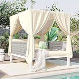 Merax Outdoor Patio Daybed with Soft Thick Cushions, Two Pillows and Curtains, Double Chaise Lounge Sunbed with Rubber Core Rope Backrest for Outside Pool,Garden,Backyard,Lawn, Beige